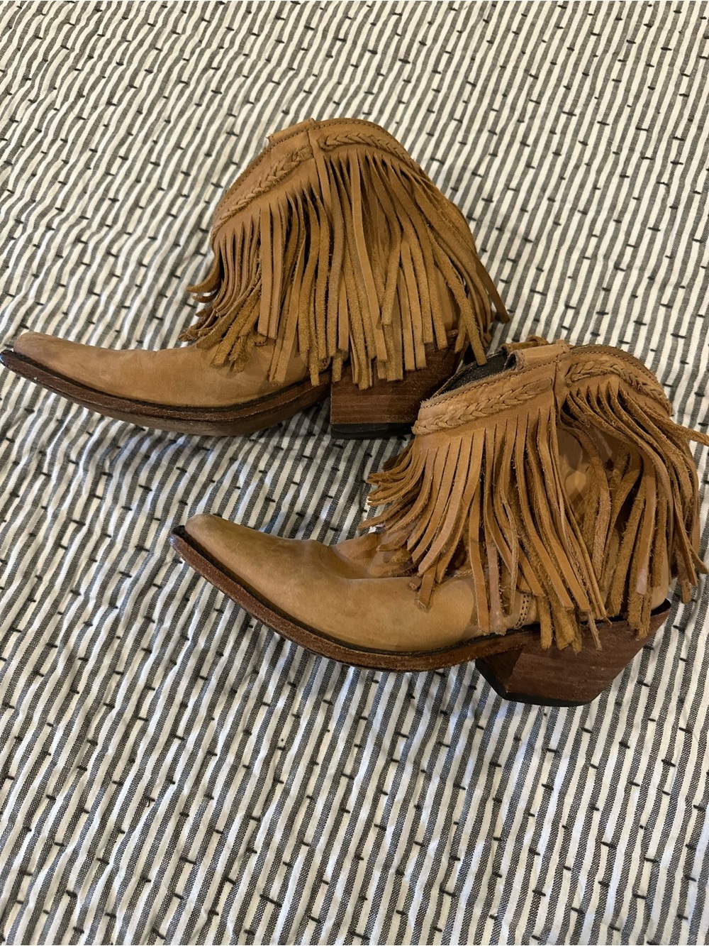 Fringed Ankle Western Booties - Tan Suede
